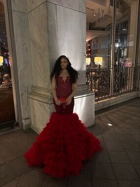 Elegant Red Sequin Mermaid Gown with Tiered Ruffle Skirt